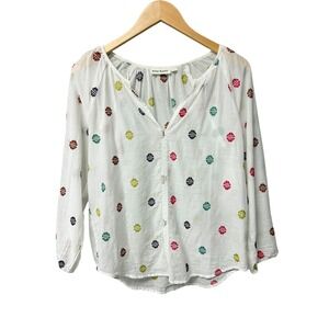 Roller Rabbit White Embroidered Cotton Blouse Top Women's Size S Colorful EUC